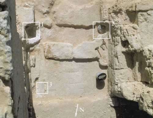 20a. Taposiris Magna. Acropolis. The South gate of the Acropolis: 1-2: pivot stones; 3: cross carving (Vörös 2004, p. 139)